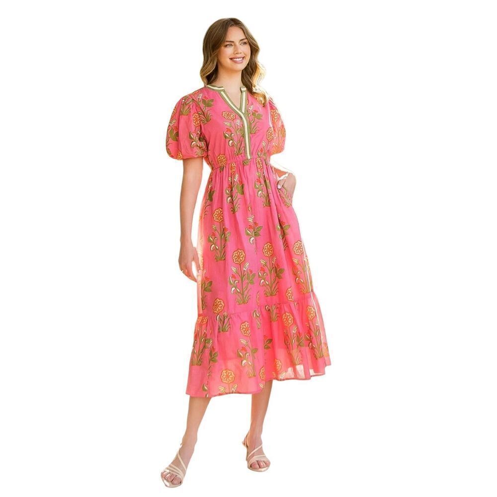 THML Pink Floral Cotton Boho Puff Sleeve Tiered Maxi Dress Women’s XS Lined